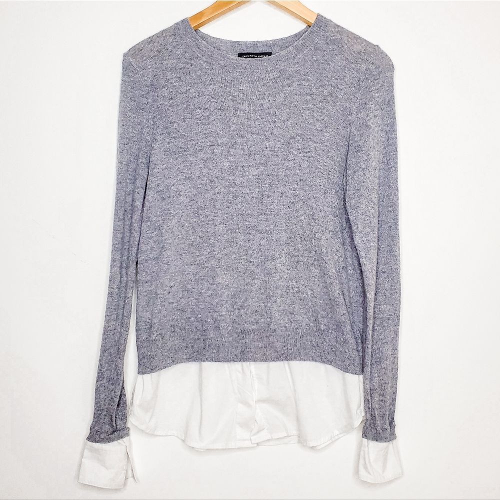 Saks Fifth Avenue Grey Gray Crewneck Faux Layered Button Down Sweater Size S